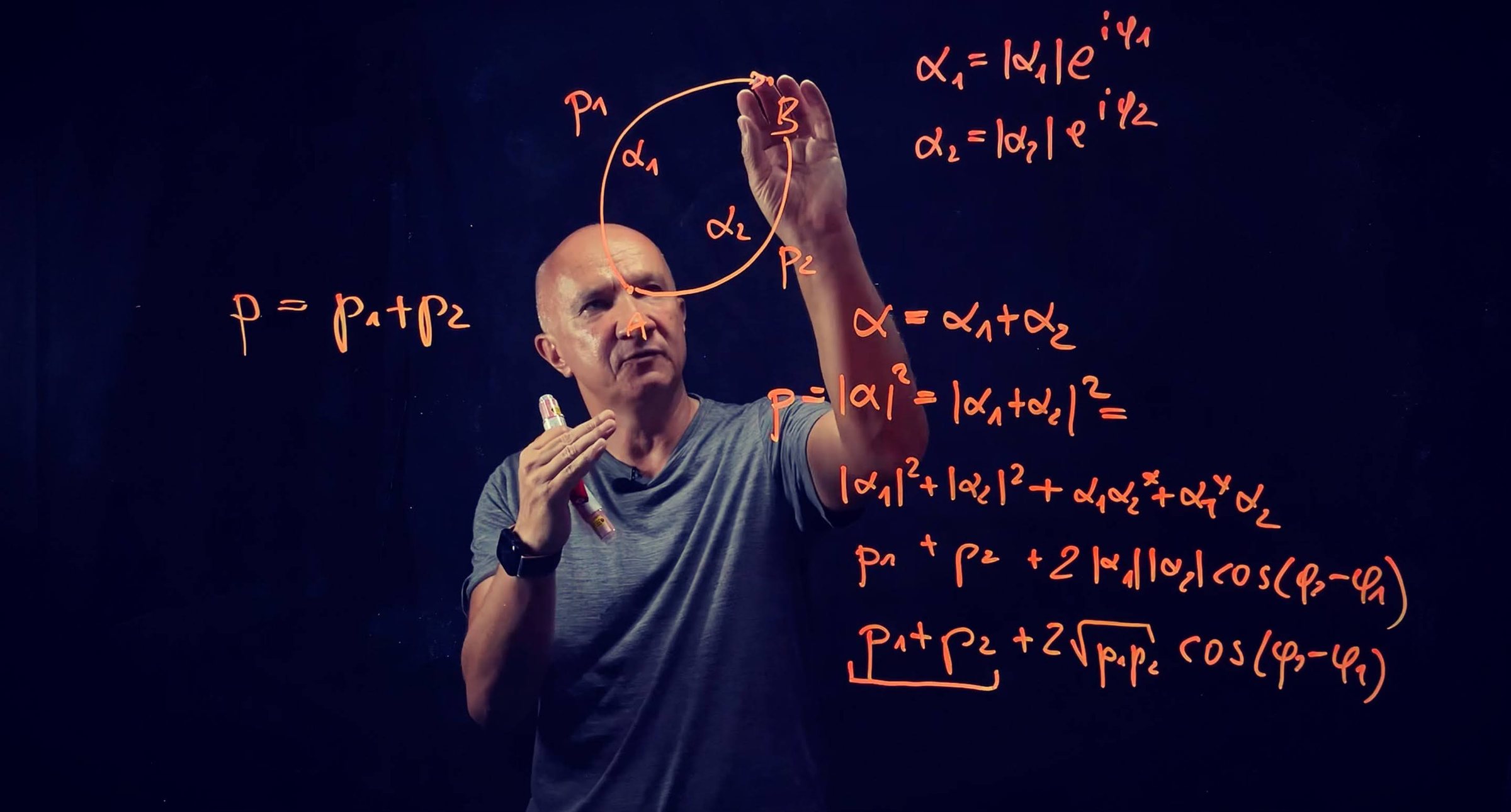 Artur Ekert at a lightboard, deriving the interference term in the probability p = p1 + p2 + 2&radic;(p1p2) cos(&phi;2 &minus; &phi;1) for two paths from A to B